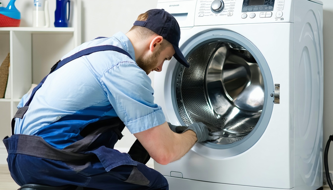 Certified technician repairing a household washing machine