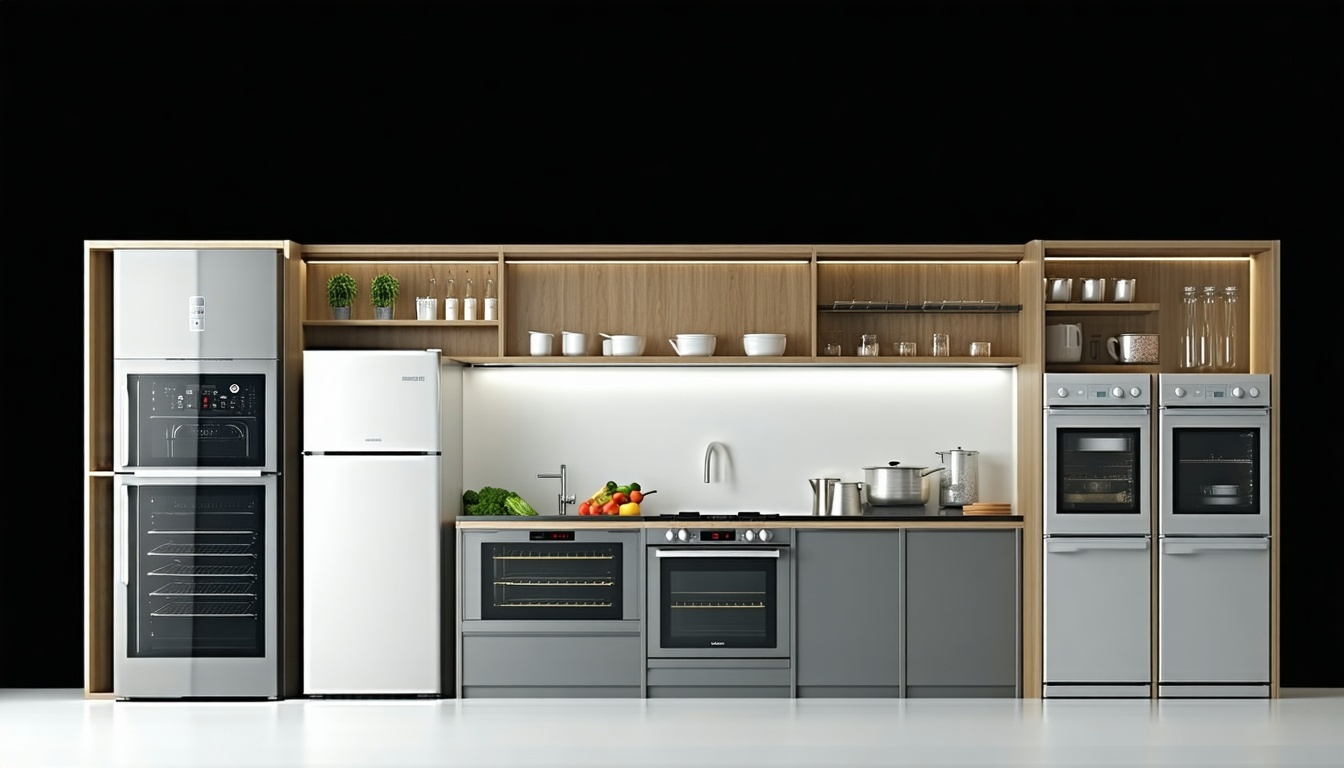 Fixed kitchen appliances including a refrigerator and oven